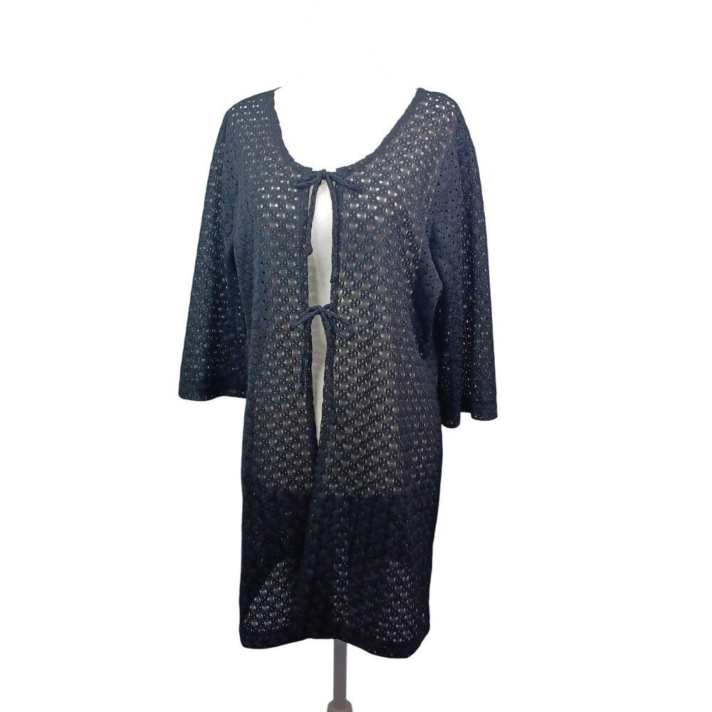 Anne Cole Women Swim Cover Up Size Large Black Crochet Tie Front Eyelet Beach